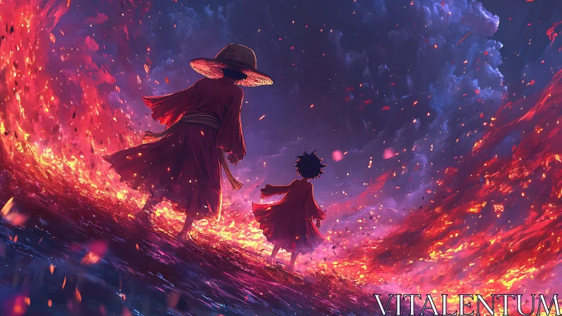 Two cloaked figures walking beside rising fiery waves.