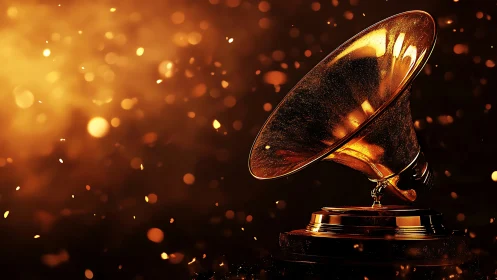 Golden gramophone trophy glows amid floating bokeh sparks.