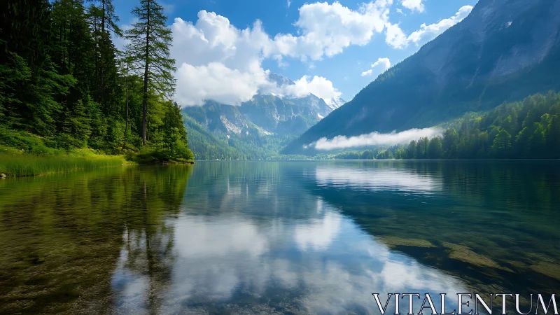 Mountain lake reflects forest slopes under bright summer sky