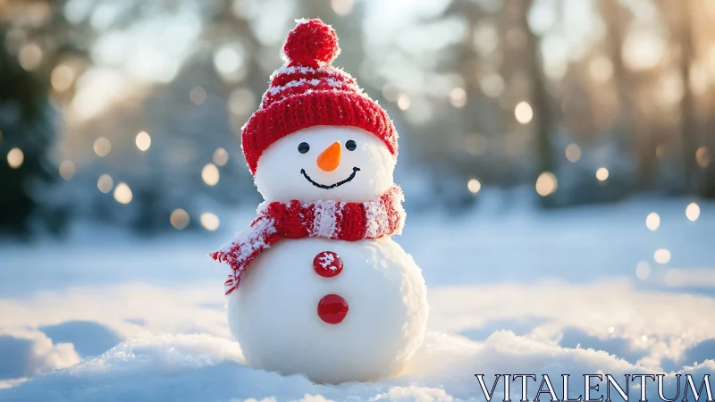 Snowman in red knitwear under glowing winter bokeh light.
