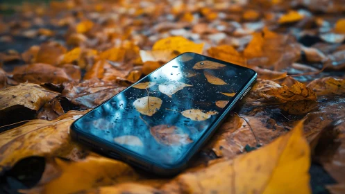 Smartphone with raindrop reflections on wet autumn leaves.