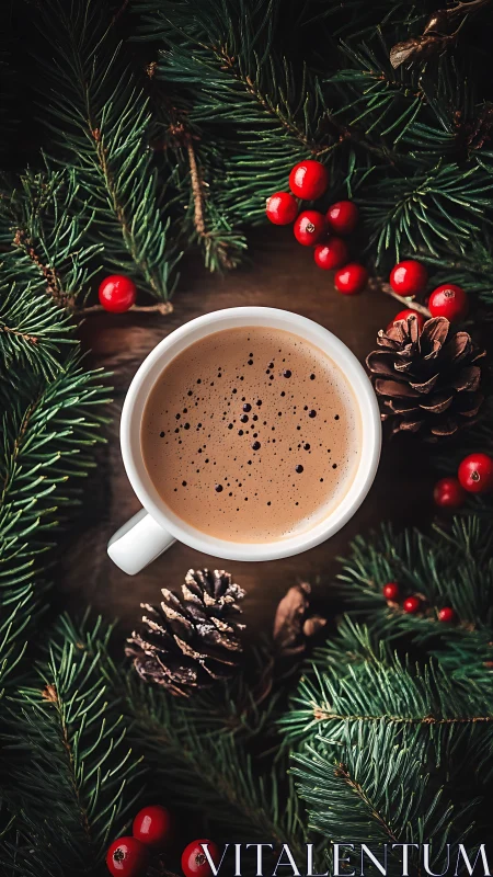 Holiday coffee mug framed by pine branches and berries.