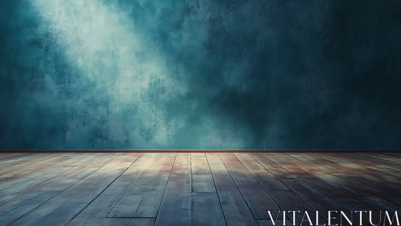 Empty interior with teal textured wall and wooden floor surface.
