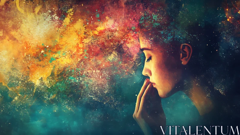 Contemplative woman amid abstract cosmic color field.