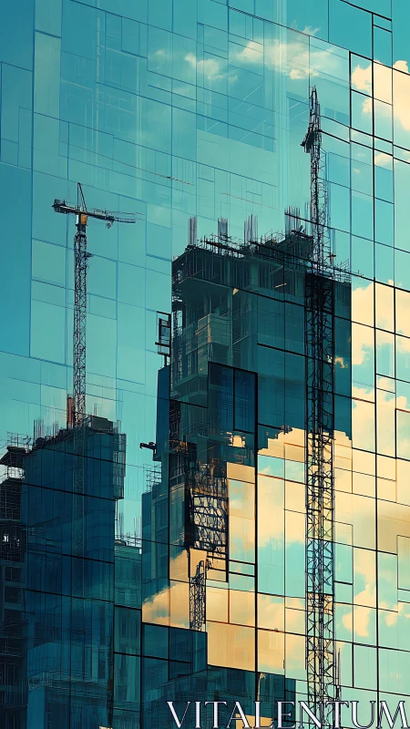 Mirrored cranes weaving cities inside turquoise glass dreams.