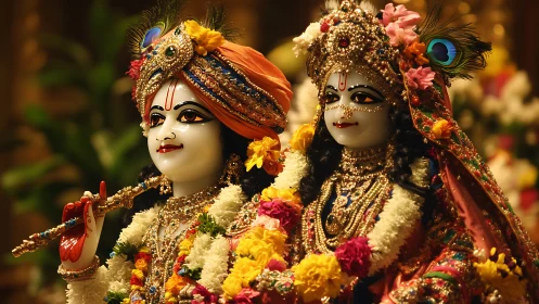 Divine duo in marigold crowns and jeweled festival hush.