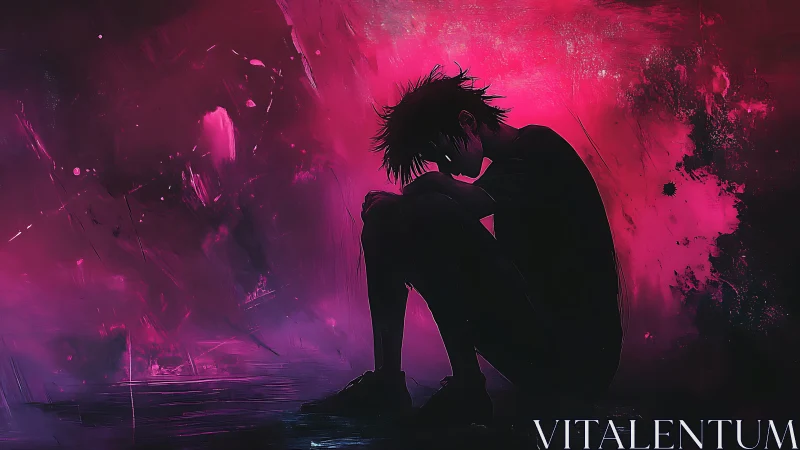 Quiet silhouette resting inside a storm of neon dusk.