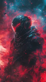 Luminous Space Warrior Wrapped In Neon Red Cosmic Fire.