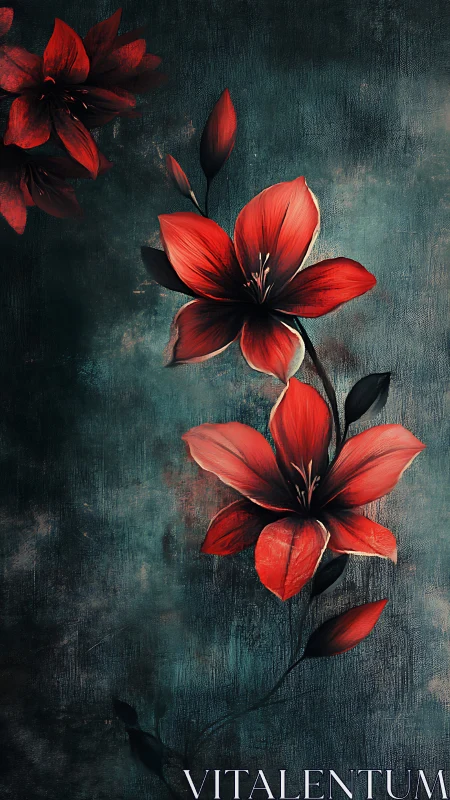 Red Flowers with Dark Stems Against Teal Textured Background.