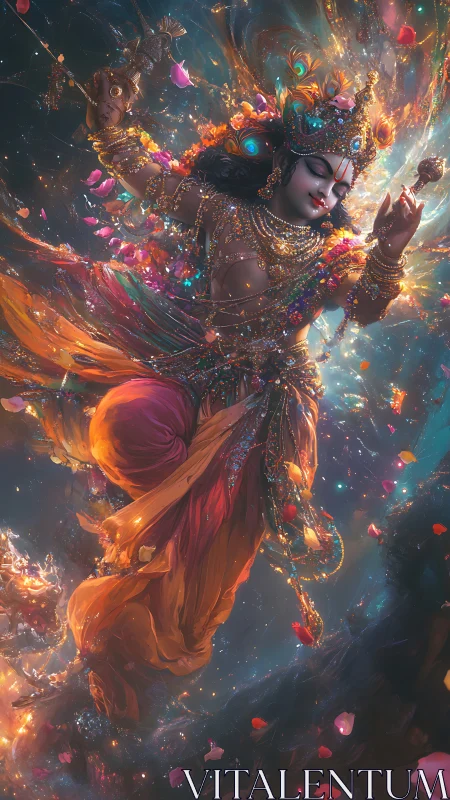 Radiant divine dancer swirling through cosmic petals.