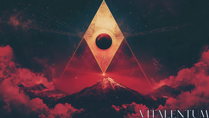 Cosmic triangle above volcanic peak in red nebula sky.
