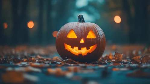 Jack-o’-lantern glow haunts a misty leaf-strewn pathway.