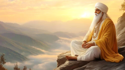 Meditating sage overlooks sunlit mountains and cloud valleys