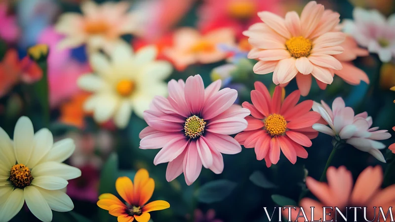 Multicolored Daisy Flowers Garden Display with Focus Depth