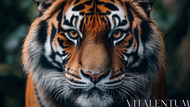 Tiger stares forward with intense amber eyes in soft jungle dusk