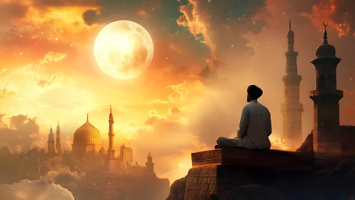 Moonlit prayer above glowing domes and ethereal minarets.