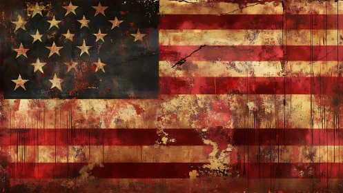 Distressed United States flag with corroded stratified patina.