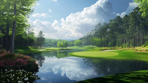 Whispering fairways and mirror lake under cloud castles.