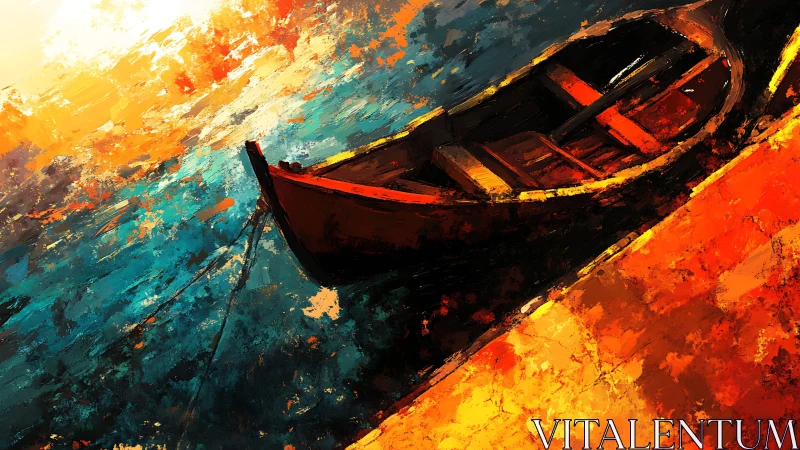 Sunlit moored boat rests in a blaze of abstract color