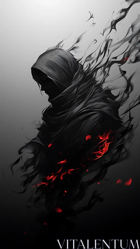Digital painting of hooded wraith dissolving into scarlet embers.