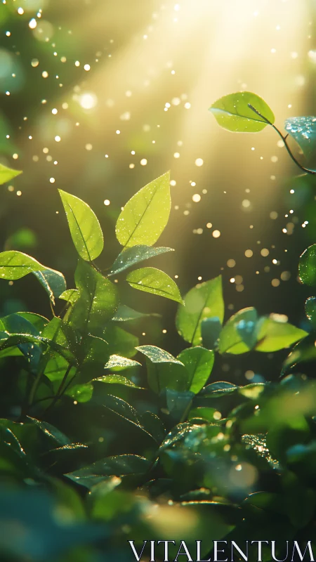 Sunlit dew dances across emerald morning leaves in hush.