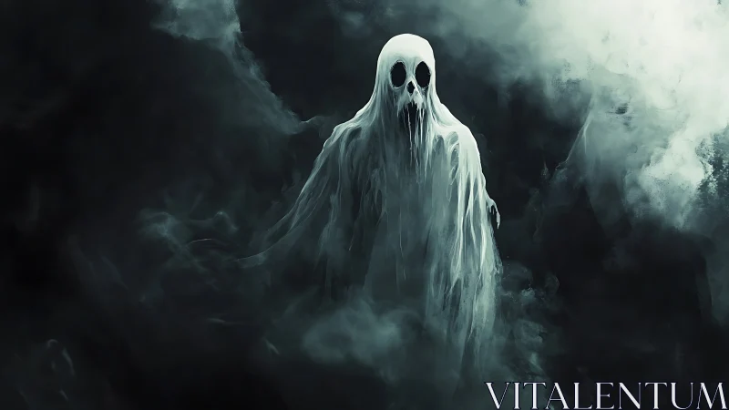 Ghostly white specter emerges from swirling dark mist.