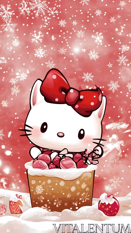 Cartoon white kitten in dessert cup under red snow scene