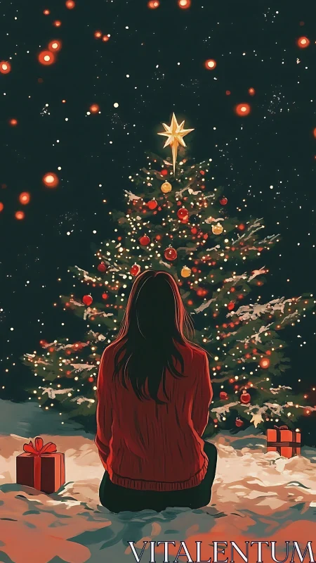 Woman kneels before glowing Christmas tree under starlit sky