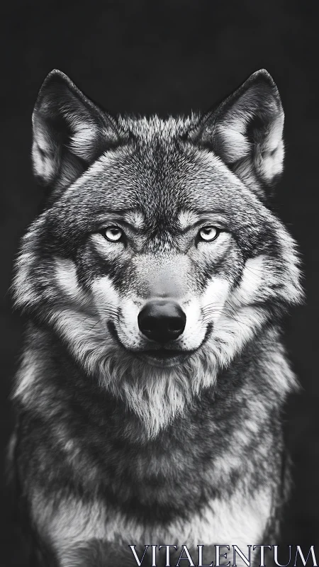 Monochrome frontal wolf portrait emphasizes retinal intensity