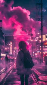 Neon city wanderer enjoys a dreamy pink misty night walk