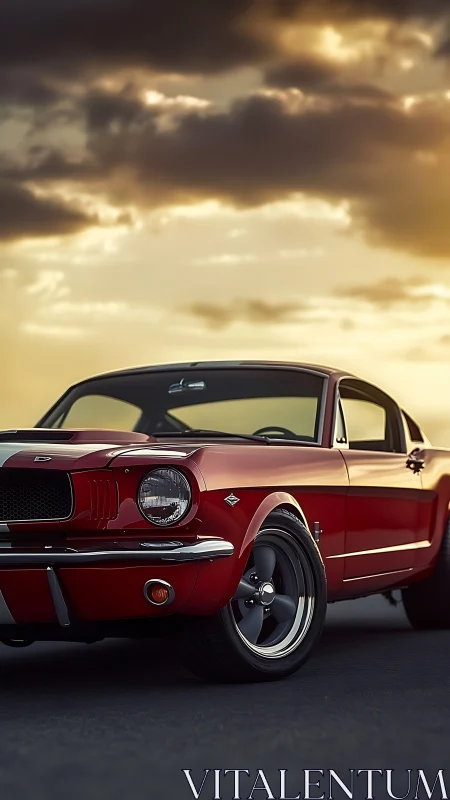Red classic coupe stands on asphalt under overcast sunset sky