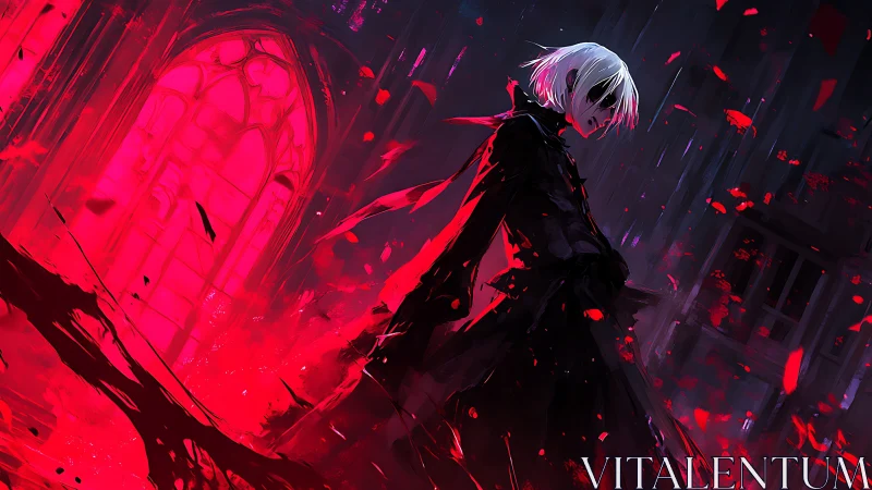 White-haired figure stands before crimson stained-glass inferno