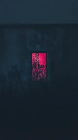 Dark wall with single neon pink window framed by plants.