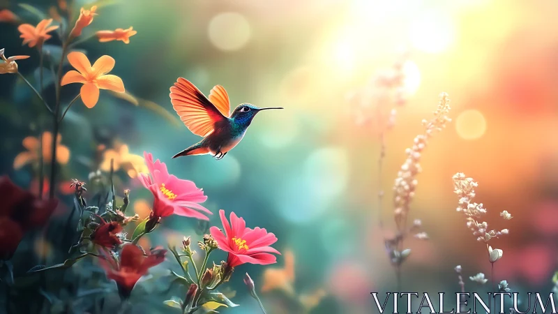 Radiant hummingbird hovers in glowing dreamlike garden.