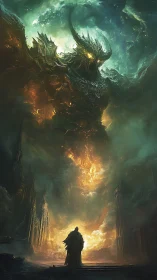Colossal infernal titan looming above lone cloaked hero.