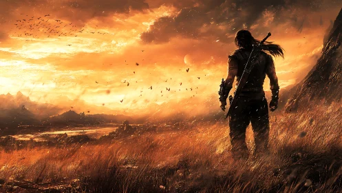 Lone warrior facing fiery sunset over rugged valley.