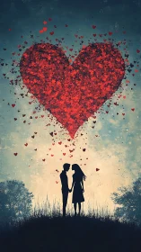 Silhouetted Couple Under Floating Heart Formation.