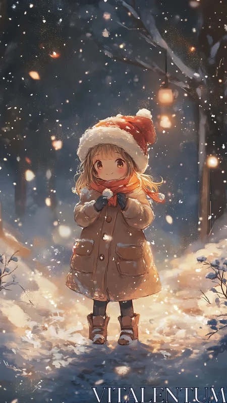 Child in winter coat holding snowball on softly lit path.