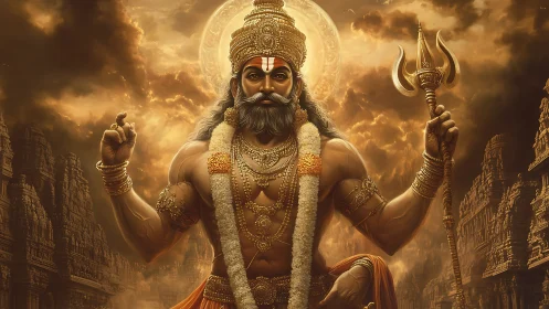 Divine warrior deity stands amid glowing ancient temples.