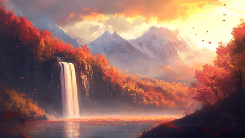 Luminous autumn waterfall glows beneath distant snowy peaks