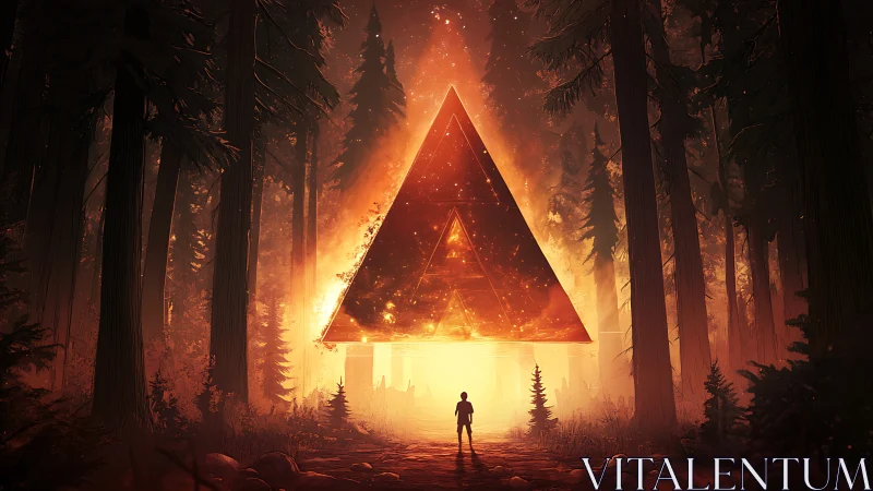Glowing triangular portal hovers over lone forest wanderer