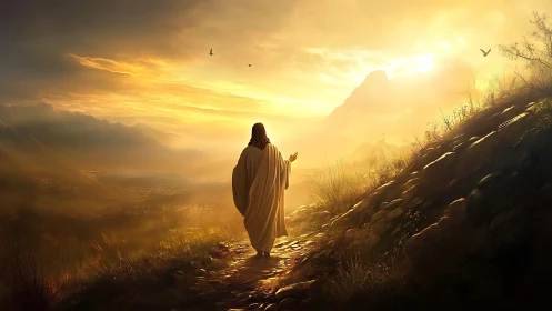 Robe‑clad figure walks sunlit mountain trail at dawn.