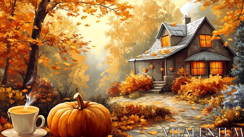 Autumn woodland cottage scene uses warm palette and diffuse lighting