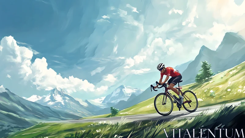 Sunlit mountain cyclist rides a quiet scenic alpine road