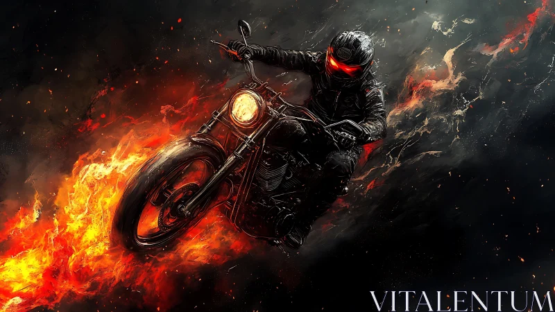 Flaming cyber rider hurtles through a storm of embers