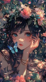 Forest muse gazes softly as blue butterflies drift close.