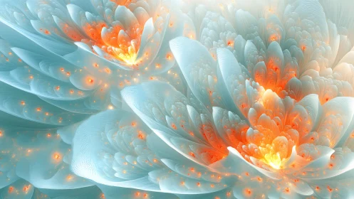 Fractal floral structures rendered in luminous teal and ember tones