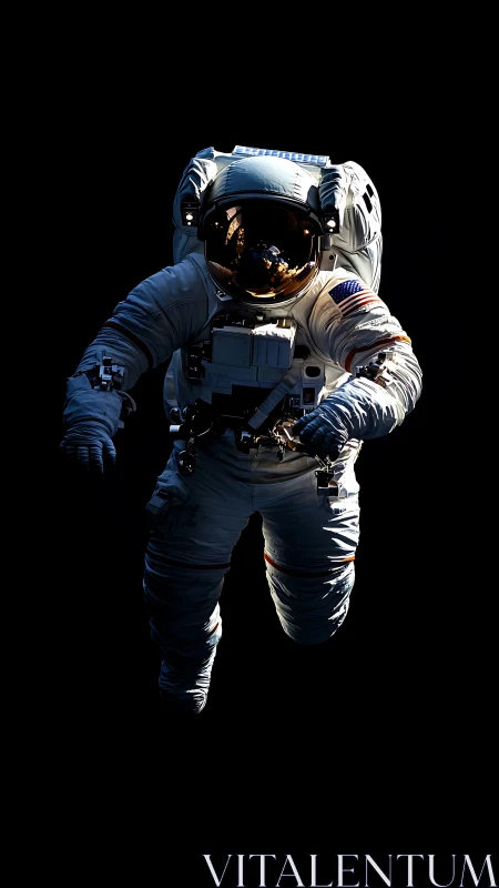 Isolated astronaut in white extravehicular suit against black.