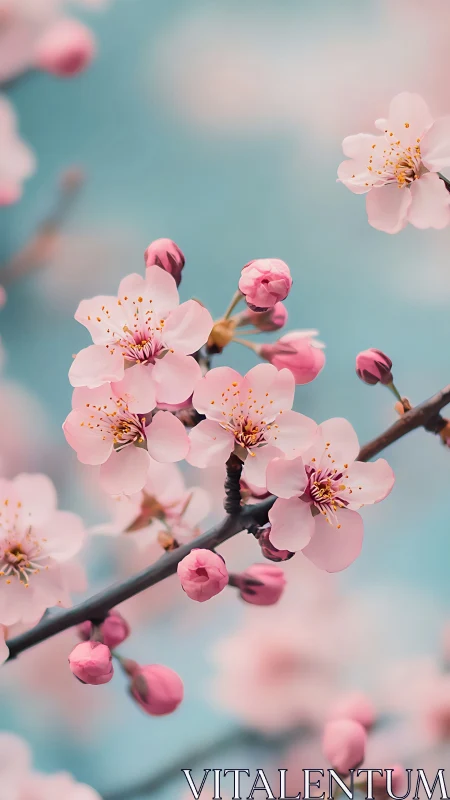 Pink Cherry Blossoms on Branch with Turquoise Background