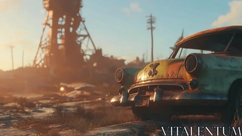 Sunlit rusted car resting quietly in a lonely wasteland.